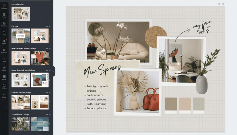Creating a mood board will help you define your own personal design style. Try a free mood board generator from Canva.
