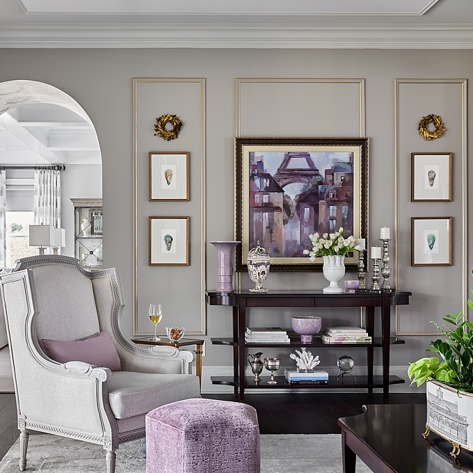 lilac shades add warmth to a gray living room